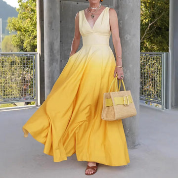 MQTIME  -  Summer New Fashion V-neck Women's Sleeveless Waist Dress Simple Gradient Color Female Vacation Date Long Dresses